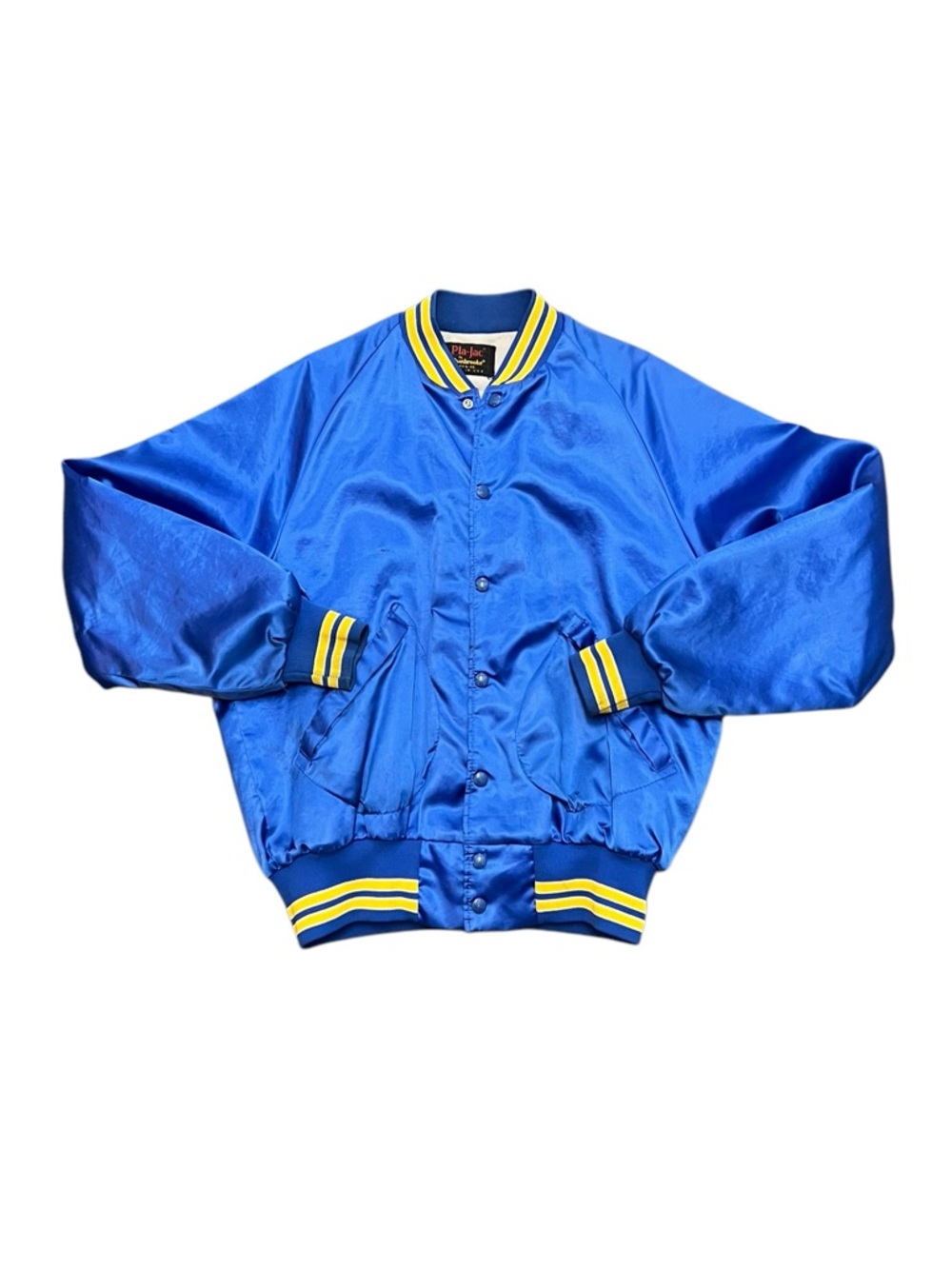 Vintage 1980s Pla-Jac Dunbrooke Nylon Varsity Jacket Blue Yellow Made in USA